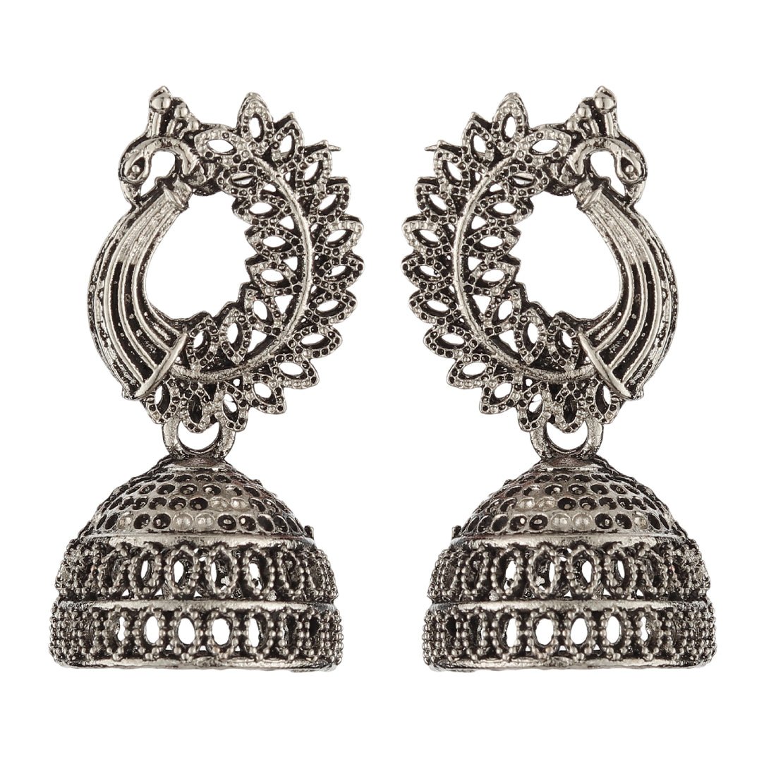 Bandish Oxidised Silver Antique Peacock Jhumki Earrings - Kreate- Earrings