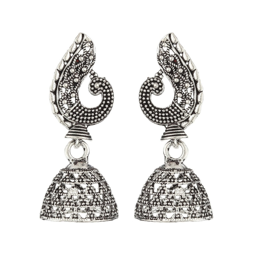 Bandish Oxidised Silver Antique Peacock Jhumki Earrings - Kreate- Earrings