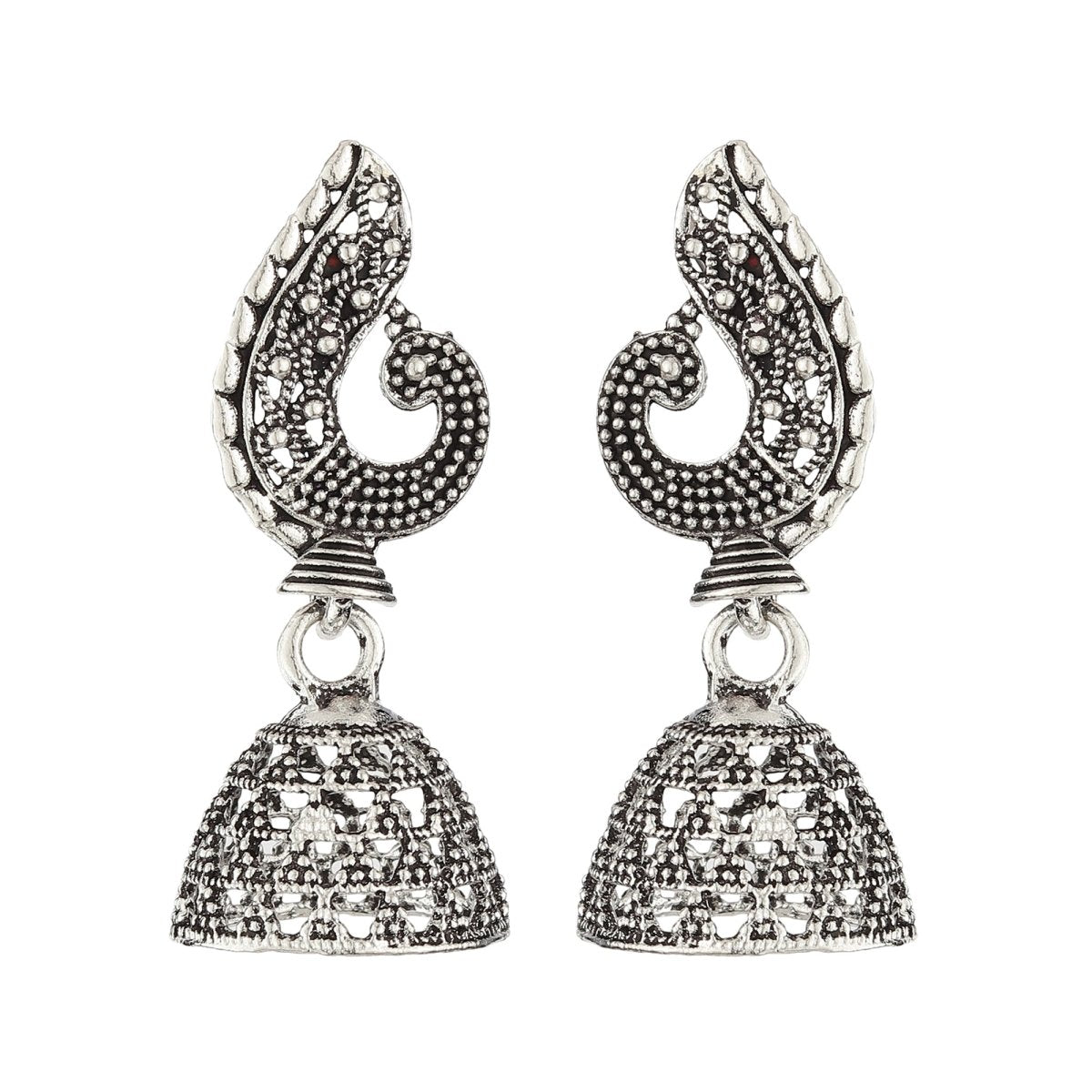 Bandish Oxidised Silver Antique Peacock Jhumki Earrings - Kreate- Earrings