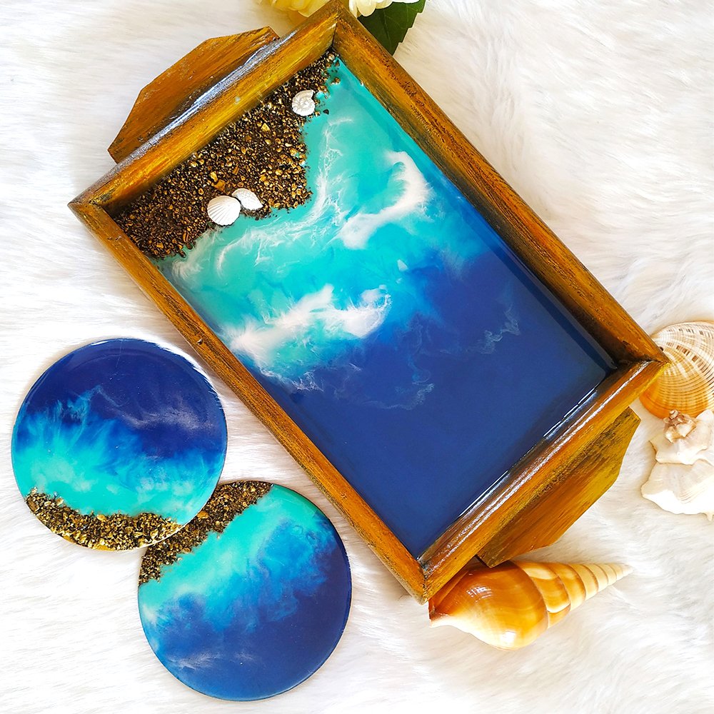 Beach Theme Resin Art Tray With Two Coasters - Kreate- Serveware