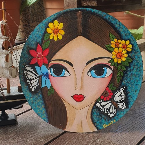 Beautiful Big Eye Girl with Flowers and Butterflies Painting - Kreate- Wall Decor