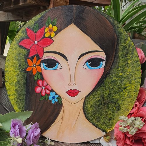 Beautiful Big Eye Girl with Flowers Painting - Kreate- Wall Decor