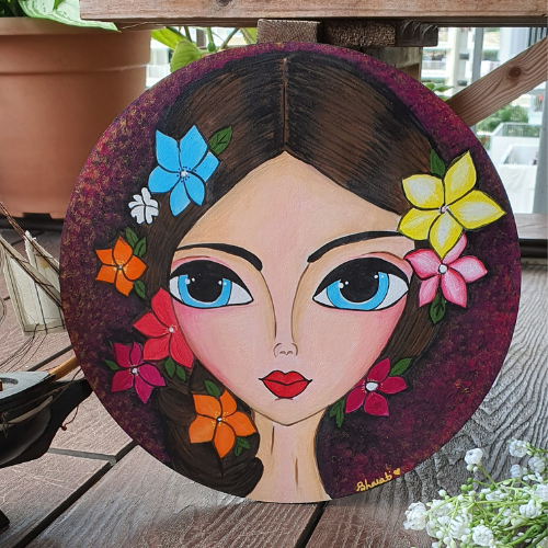 Beautiful Big Eye Girl with Flowers Painting