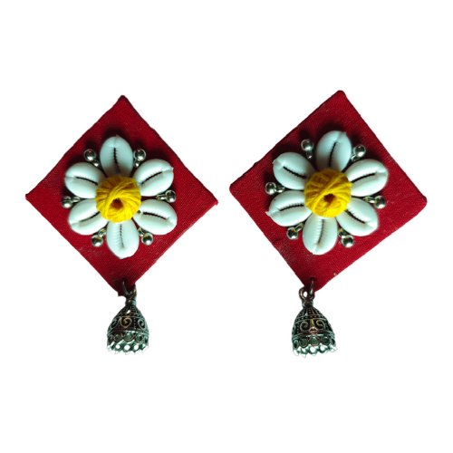 Beautiful Fabric Red Base White Flower Earring - Kreate- Earrings