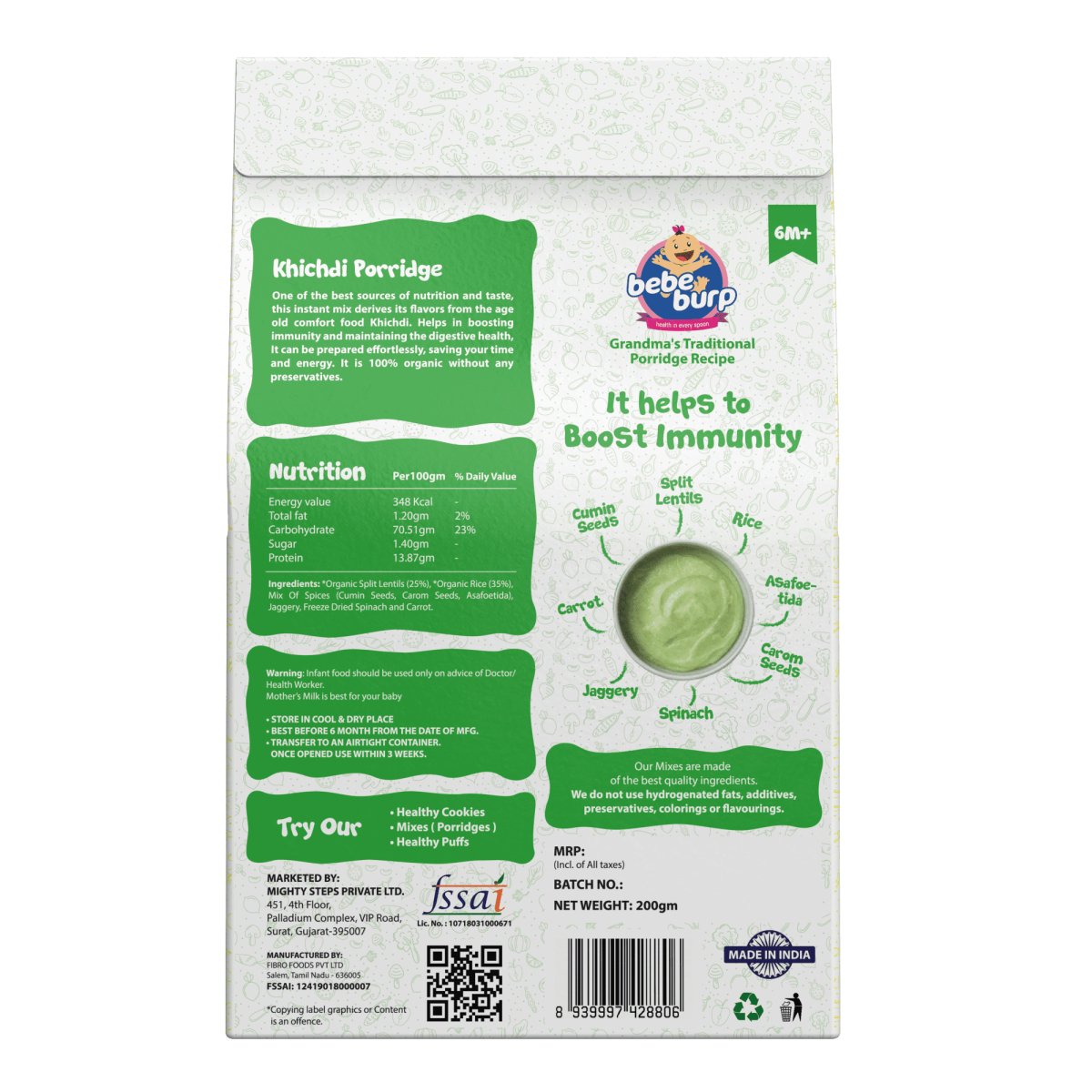 
                  
                    Bebe Burp Organic Baby Food Instant Khichdi Mix Porridge with Spinach & Carrot (200g) - Kreate- Baby Food
                  
                