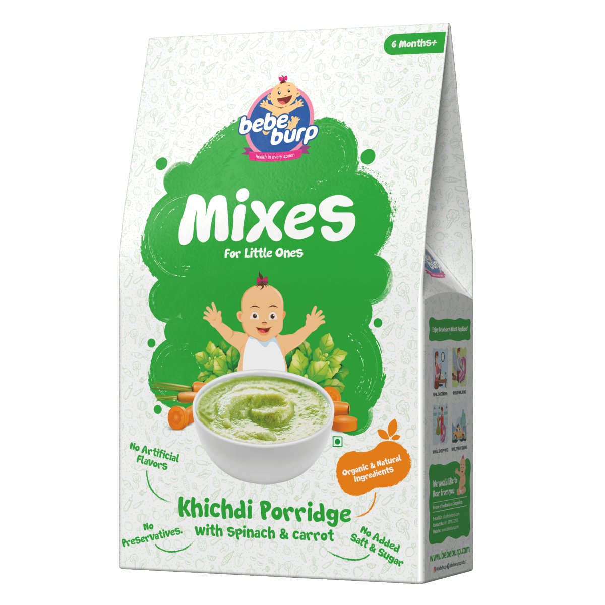 
                  
                    Bebe Burp Organic Baby Food Instant Khichdi Mix Porridge with Spinach & Carrot (200g) - Kreate- Baby Food
                  
                