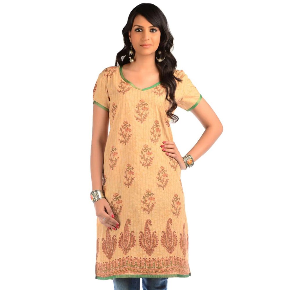 Beige Cotton Block Print Kurta - Kreate- Kurtis & Salwar Suits