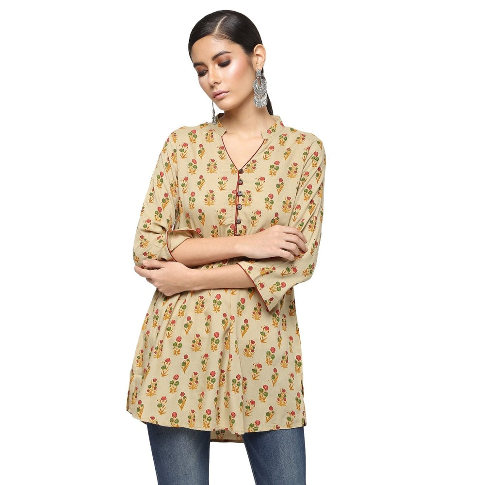 Beige Rayon Block Print Tunic - Kreate- Kurtis & Salwar Suits