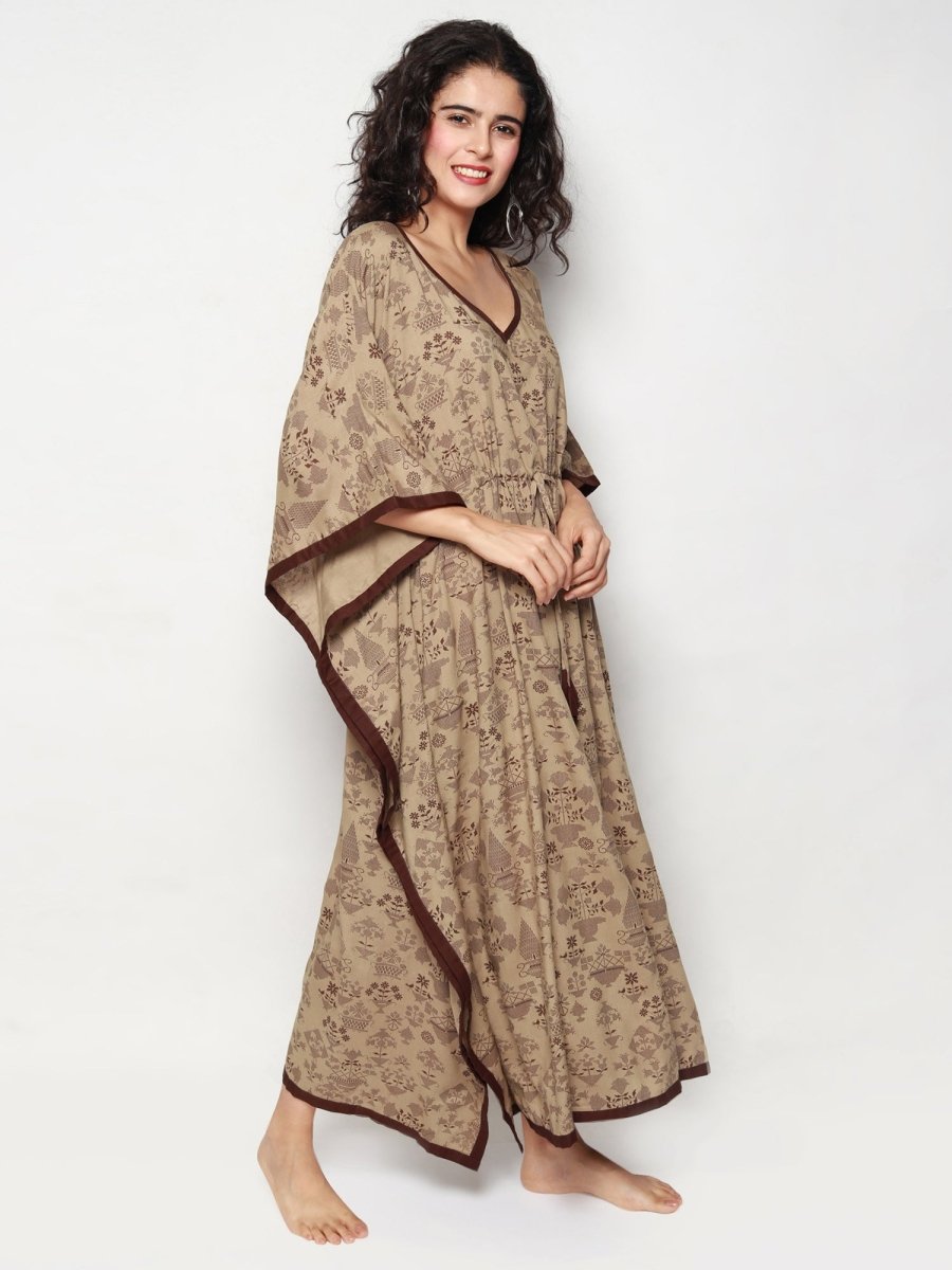 
                  
                    Beige Rayon Kaftan with Geomentric Prints - Kreate- Dresses & jumpsuits
                  
                