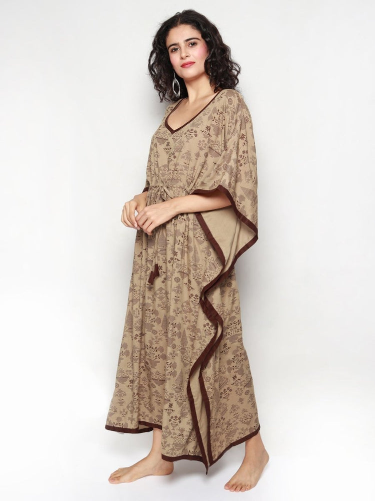 Beige Rayon Kaftan with Geomentric Prints - Kreate- Dresses & jumpsuits