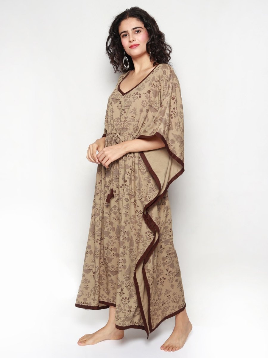 Beige Rayon Kaftan with Geomentric Prints - Kreate- Dresses & jumpsuits