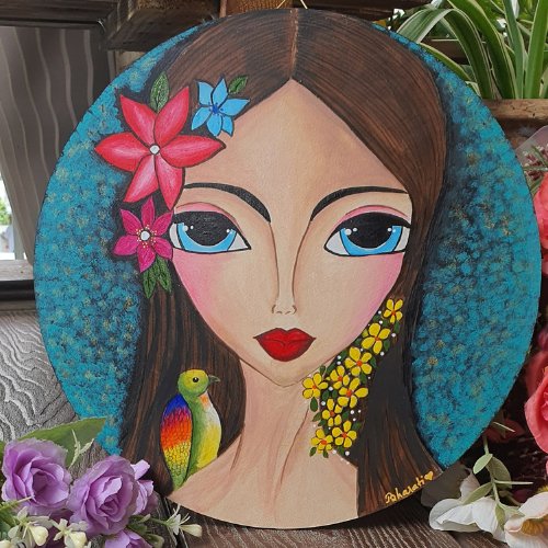 Big Eye Girl with Flowers and a Bird Painting - Kreate- Wall Decor