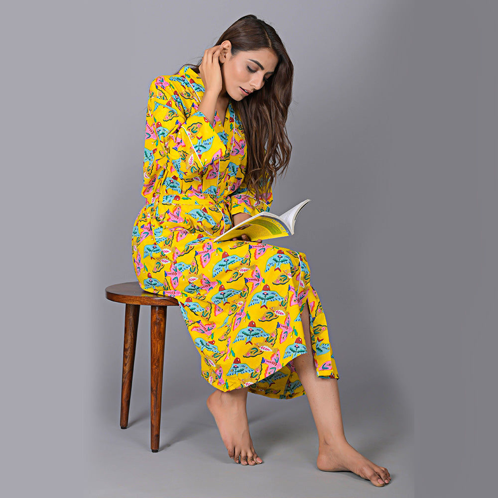
                  
                    Bird Pattern Kimono Robe Long Bathrobe For Women (Yellow)
                  
                