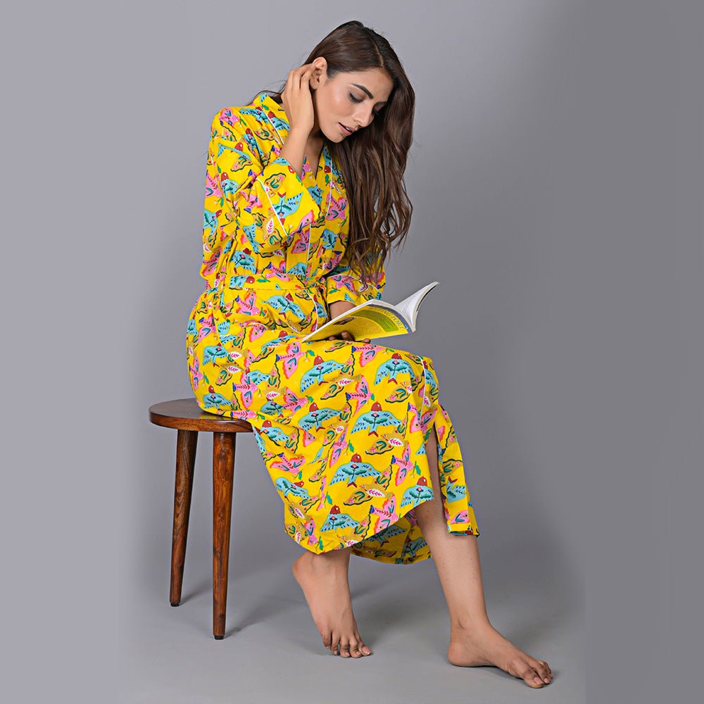 Bird Pattern Kimono Robe Long Bathrobe For Women (Yellow) - Kreate- Women's Wear