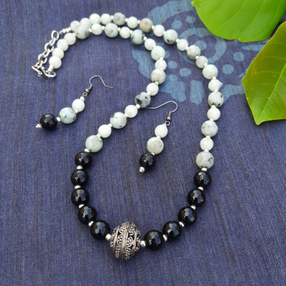 Black and Light Grey Mixed Agate Beads Necklace Set - Kreate- Jewellery Sets