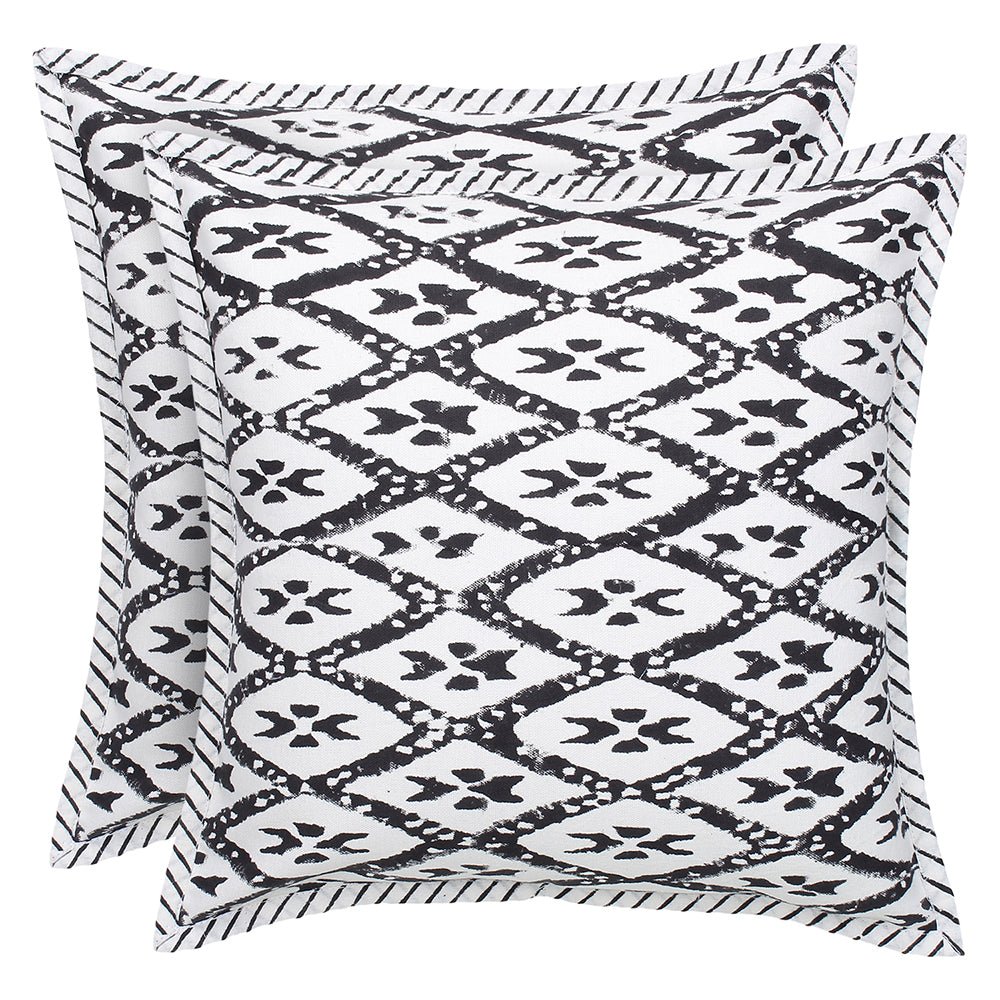 Black and white Block Printed Cushion Cover (Set of 2pcs) - Kreate- Cushions & Covers