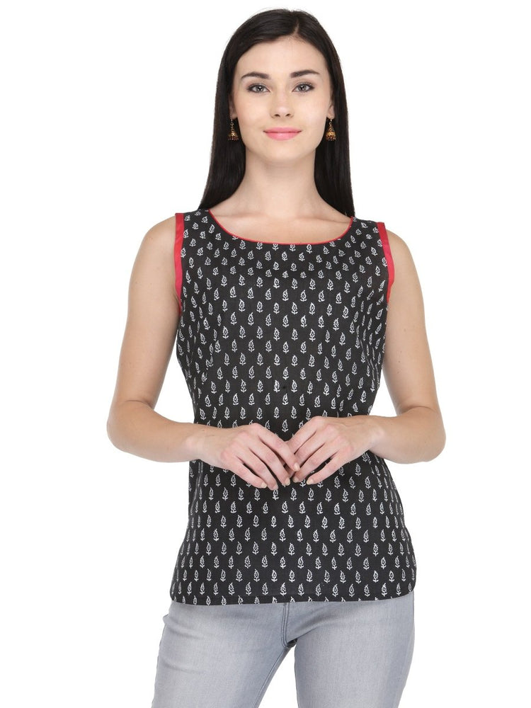 Black Cotton Block Print Top - Kreate- Kurtis & Salwar Suits