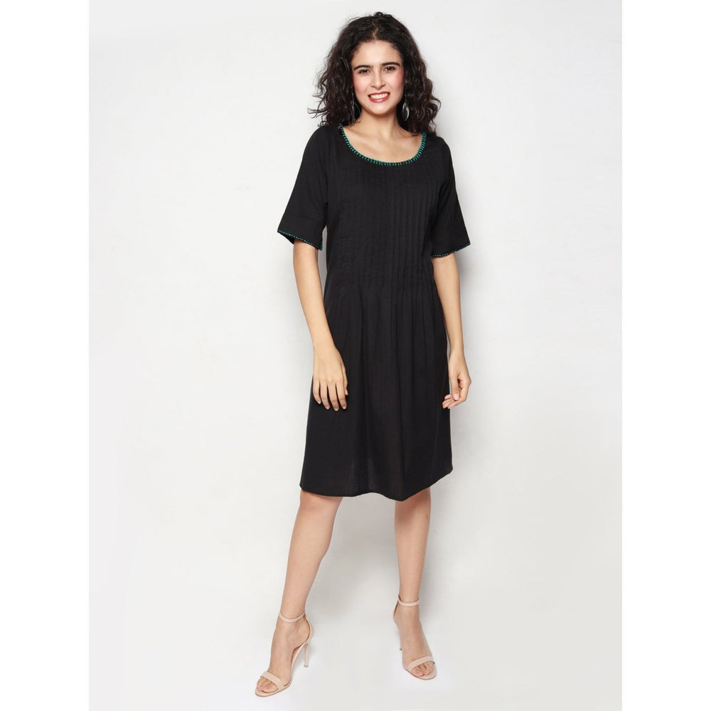 Black Cotton Linen Pleated Dress - Kreate- Dresses & jumpsuits