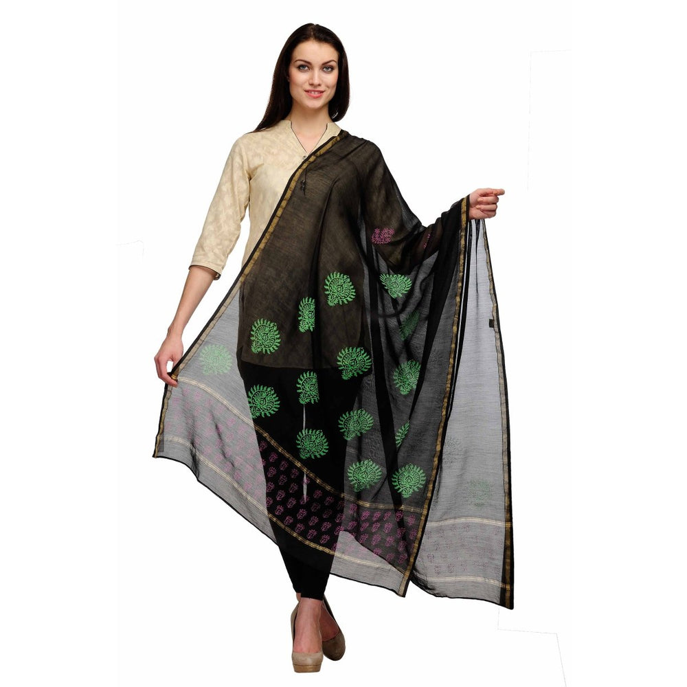 Black Cotton Silk Chanderi Block Print Dupatta - Kreate- Dupatta & Shawls