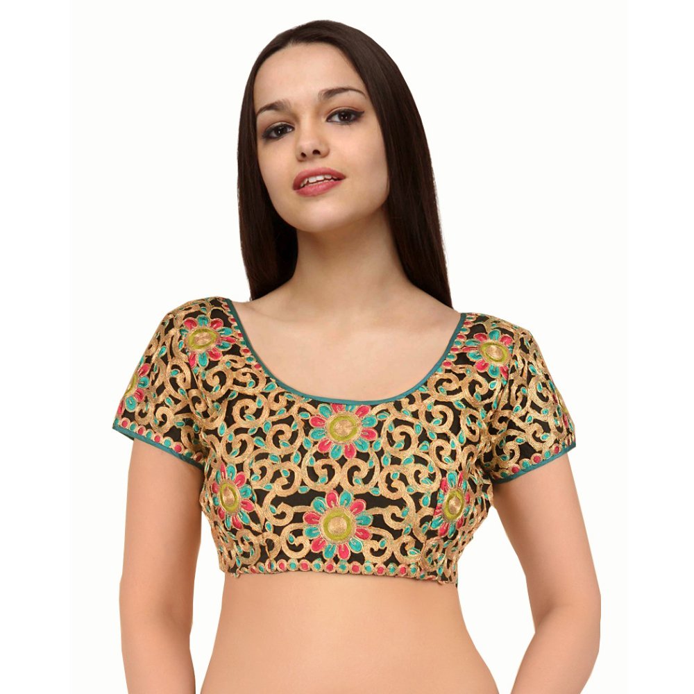 Black Cotton Silk Saree Blouse with Zari Embroidery - Kreate- Sarees & Blouses