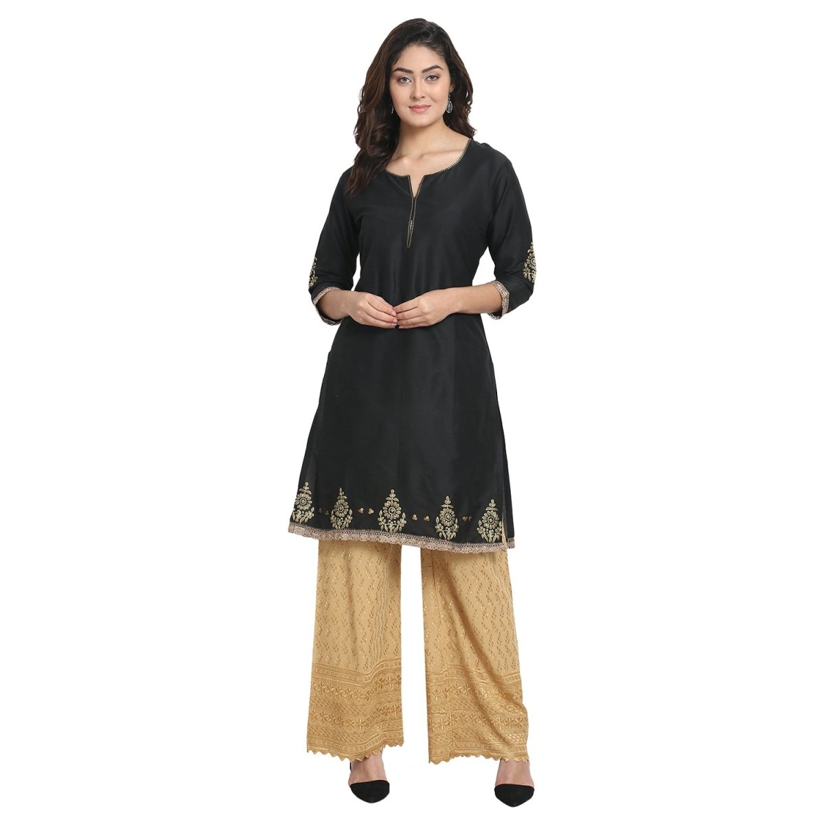 Black Cotton Silk Zari Embroidered Kurta - Kreate- Kurtis & Salwar Suits