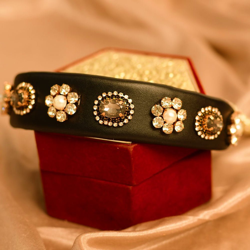 Black Leather Bracelet with Swarovski Crystals - Kreate- Bangles & Bracelets