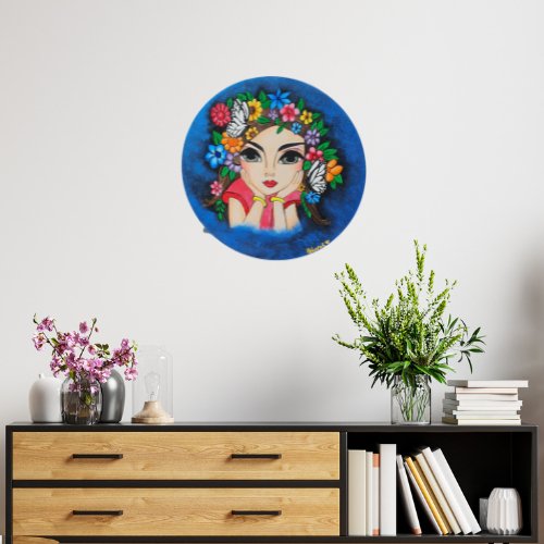 Blue Big Eye Girl with Flowers and Butterflies Painting - Kreate- Wall Decor