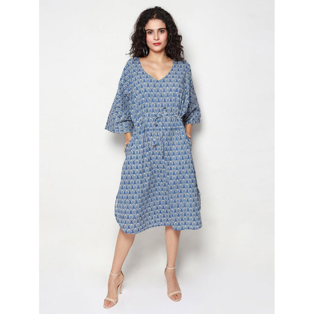 Blue Cotton Block Print Kaftan Dress - Kreate- Dresses & jumpsuits