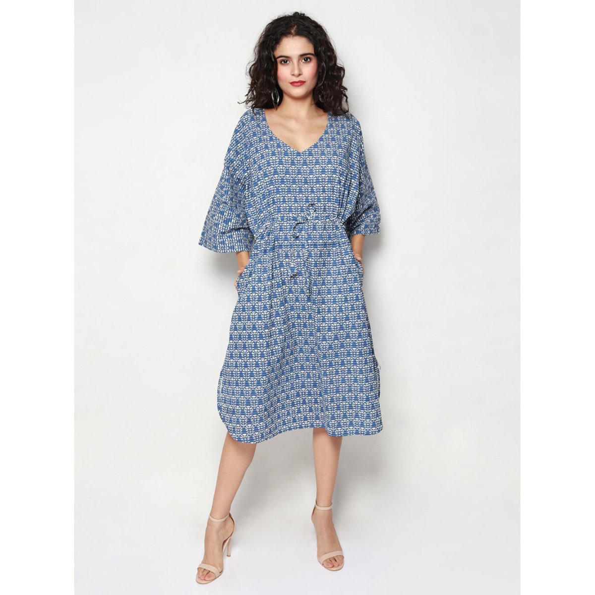 Blue Cotton Block Print Kaftan Dress - Kreate- Dresses & jumpsuits