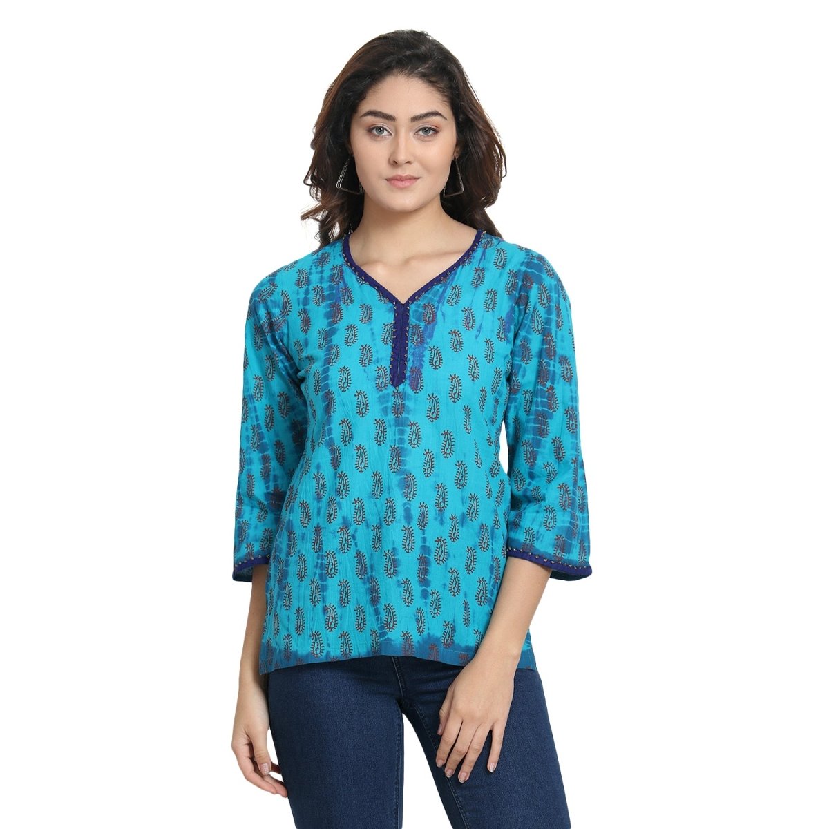 Blue Cotton Block print Tie n Dye Kurti - Kreate- Kurtis & Salwar Suits