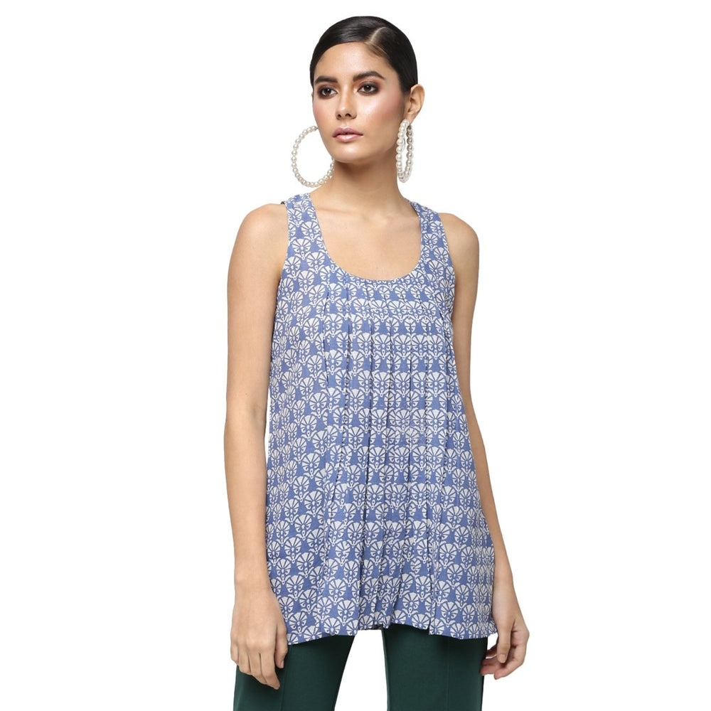 Blue Cotton Block Print Top - Kreate- Topwear