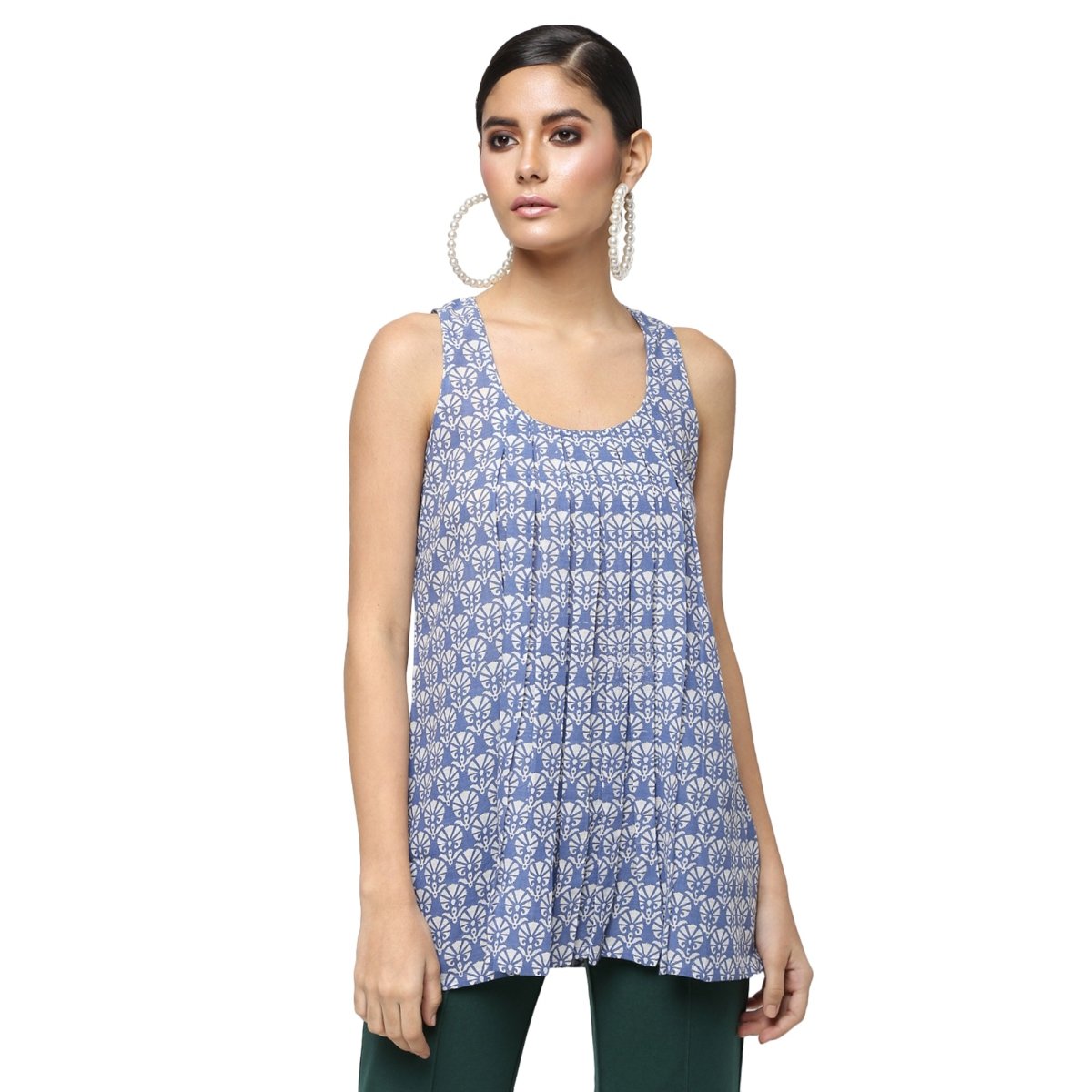 Blue Cotton Block Print Top - Kreate- Topwear