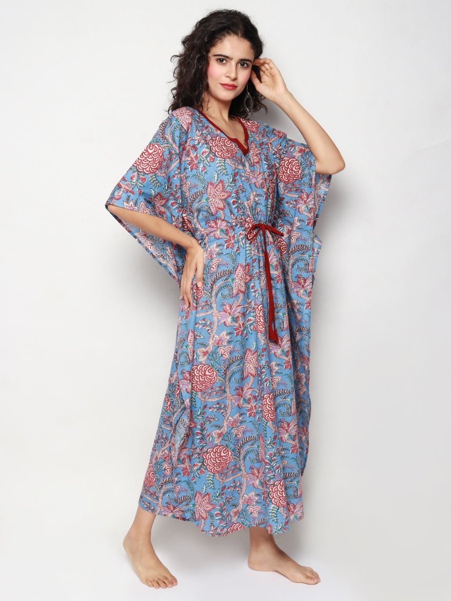 
                  
                    Blue Cotton Kaftan with Maroon Floral Print - Kreate- Dresses & jumpsuits
                  
                