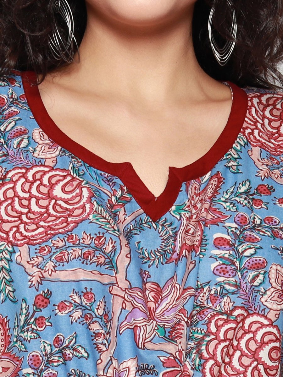 
                  
                    Blue Cotton Kaftan with Maroon Floral Print - Kreate- Dresses & jumpsuits
                  
                