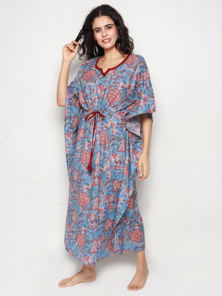 Blue Cotton Kaftan with Maroon Floral Print - Kreate- Dresses & jumpsuits