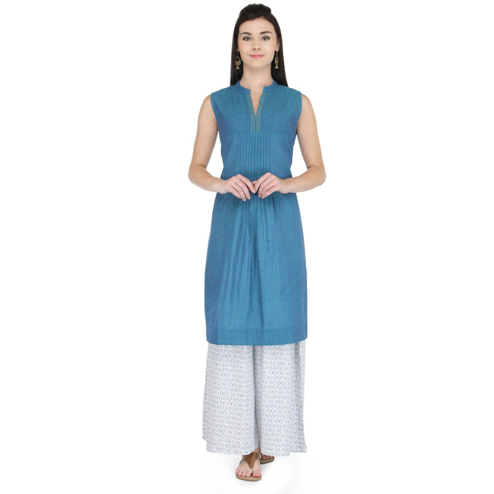 Blue Cotton Pintucks Kurta - Kreate- Kurtis & Salwar Suits