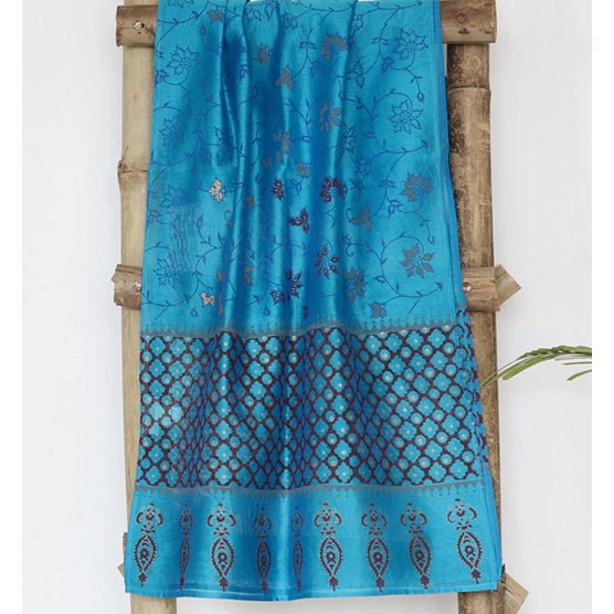 Blue Cotton Silk Block Print Stole - Kreate- Dupatta & Shawls