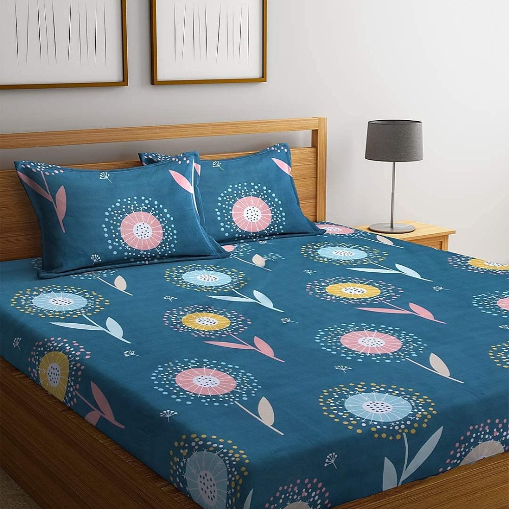 Blue Double Bedsheet With 2 Pillow Cover Set - Kreate- Bedding