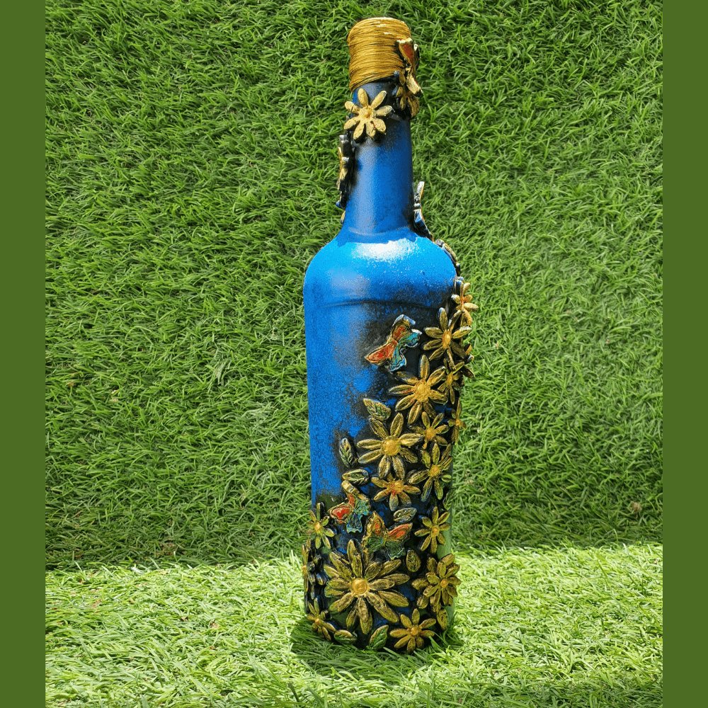 Blue Lace Pattern Bottle Art - Kreate- Table Decor