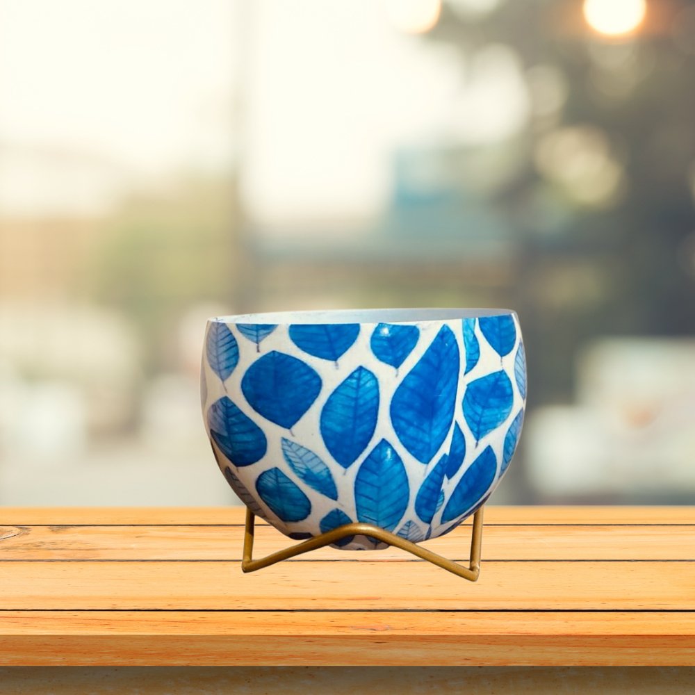 Blue Leaf Printed Metal Pot - Kreate- Planters & Pots