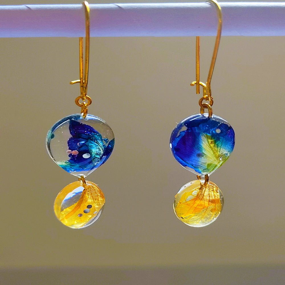 Blue Pea And Yellow Flower Earrings - Kreate- Earrings