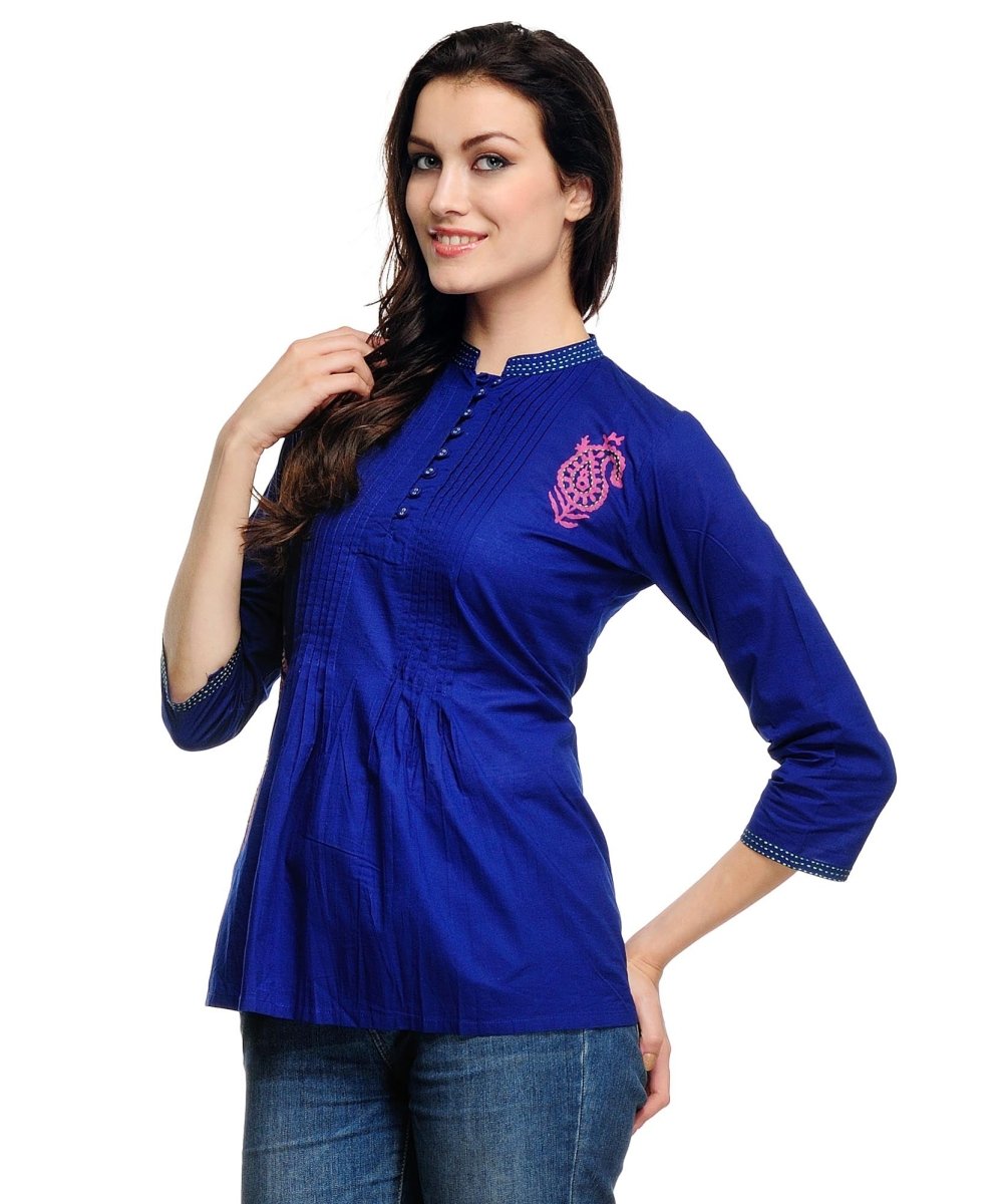 Blue Pleats Block Print Cotton Tunic - Kreate- Kurtis & Salwar Suits