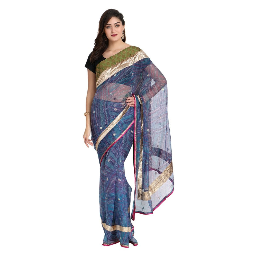 Blue Printed Net Saree with Blouse Piece - Kreate- Sarees & Blouses