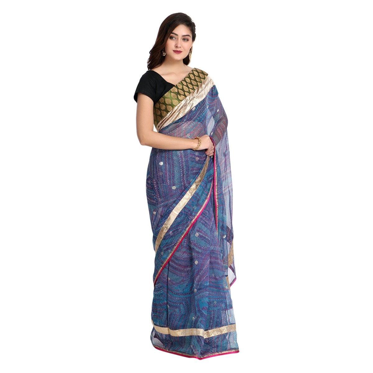 
                  
                    Blue Printed Net Saree with Blouse Piece - Kreate- Sarees & Blouses
                  
                