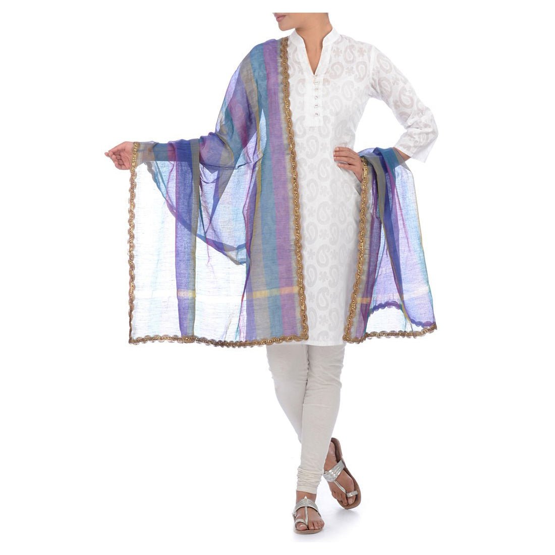 Blue Stripes Woven Dupatta - Kreate- Dupatta & Shawls