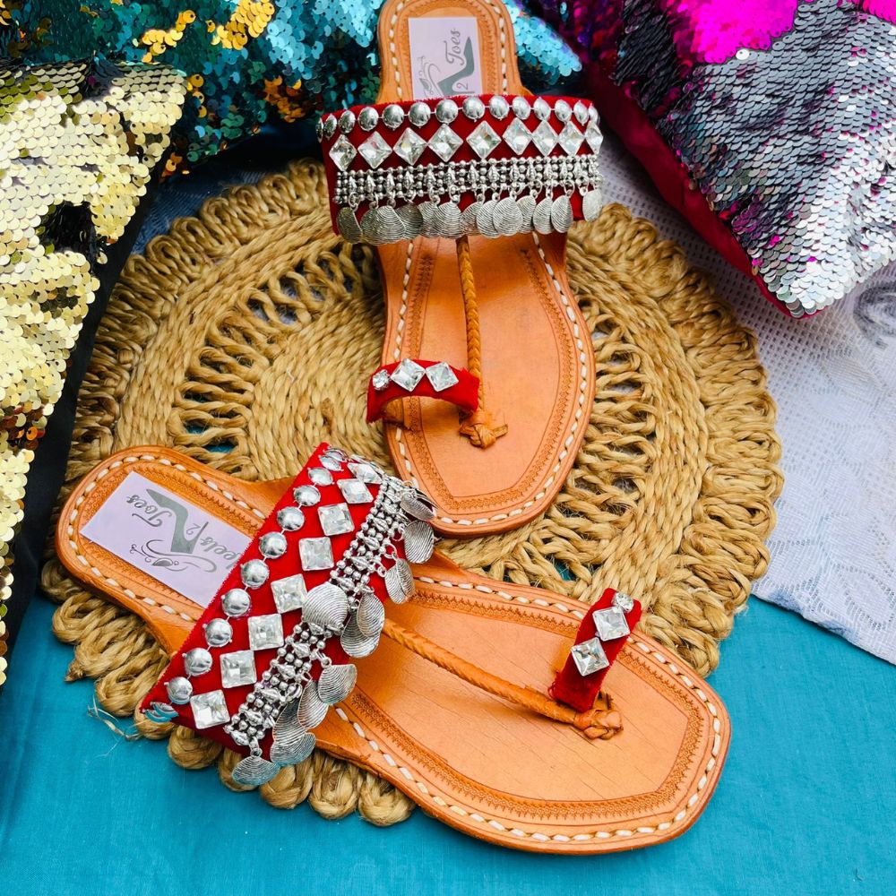 
                  
                    Boho Oxidized Red Velvet Kolhapuri Sandals - Kreate- Women's Footwear
                  
                