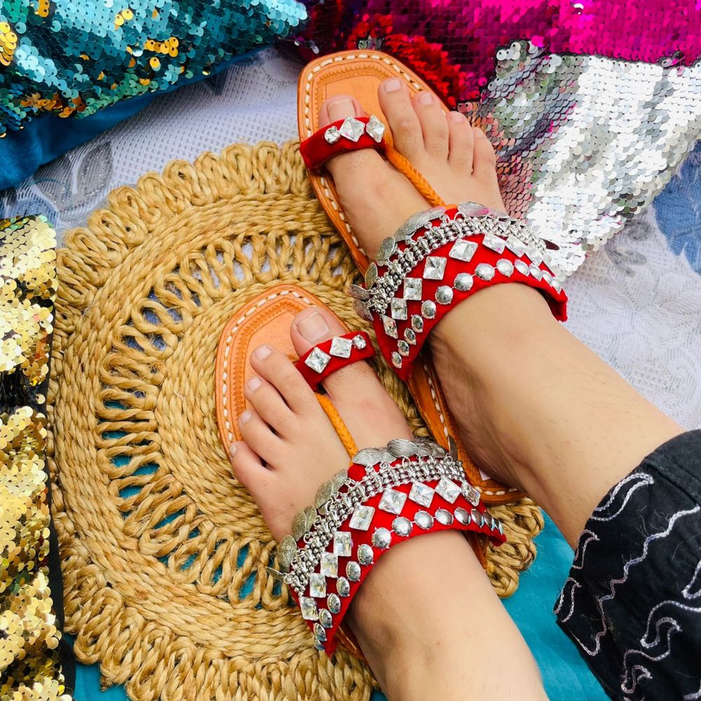 Boho Oxidized Red Velvet Kolhapuri Sandals - Kreate- Women's Footwear
