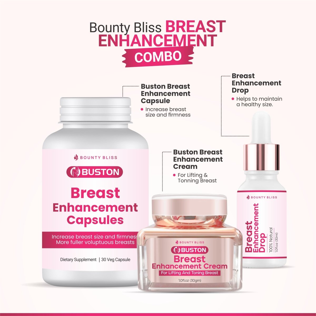 
                  
                    Bounty Bliss Breast Enhancement Cream, Breast Enhancement Capsule, Breast Enhancement Liquid Drops Combo Pack - Kreate- Women Hygiene
                  
                