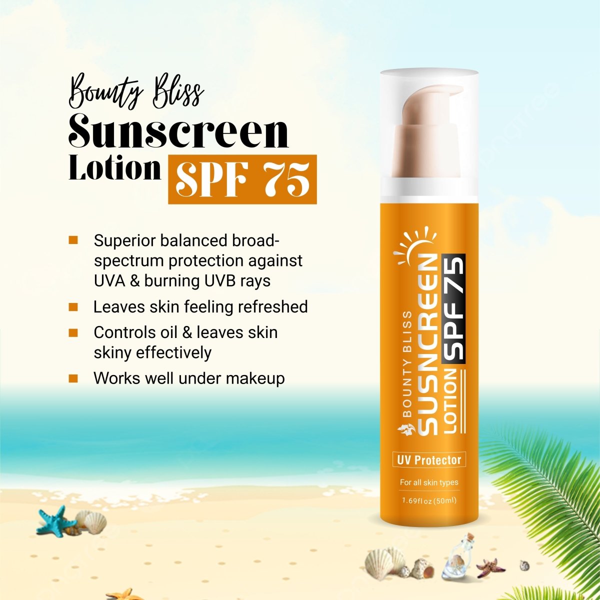 
                  
                    Bounty Bliss Sunscreen Lotion SPF-75 PA+++ Broad Spectrum Protection UVA/UVB/Blue Rays - Kreate- Face
                  
                