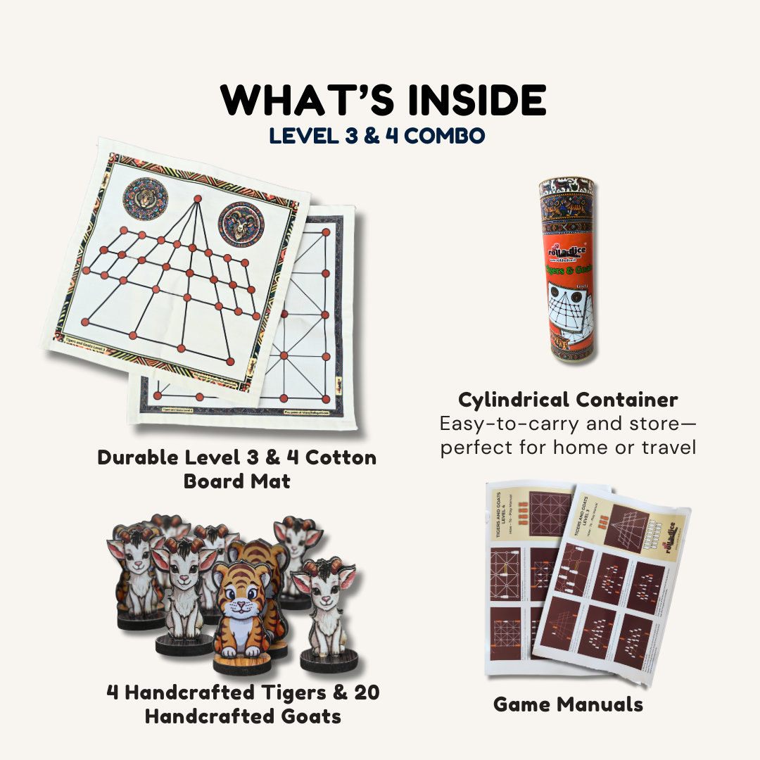 
                  
                    Aadu Huli Board Game Combo Levels 3 & 4 | Tigers vs Goats | Indian Strategy Game | Aadu Puli Aatam (Tamil) | Meka Puli Aata (Telugu) | Pulijudam | Eco-Friendly | Family Game | Includes How-to-Play
                  
                